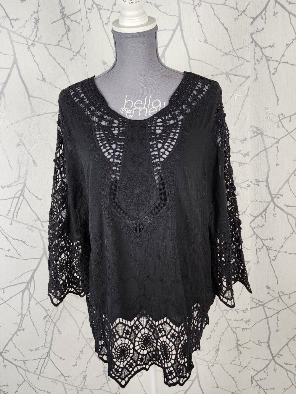 Asha Black Cotton Bohemian Embroidered Lace Crochet Panel Tunic